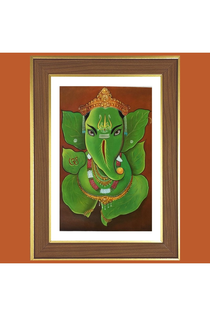 Green Ganapati Photo Frame  10x14 Inches-Brown Wooden Frame for Home , Office & Temple Decoration and Gifting