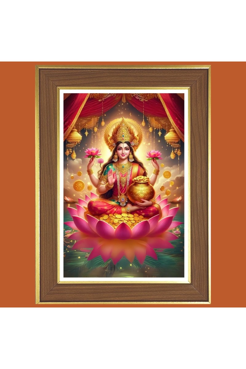 Goddess Lakshmi Photo Frame  10x14 Inches-Brown Wooden Frame for Home , Office & Temple Decoration and Gifting