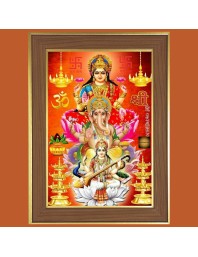Goddess Lakshmi with Goddess Saraswati and Lord Ganesha, Photo Frame  10x14 Inches-Brown Wooden Frame for Home , Office & Temple Decoration and Gifting