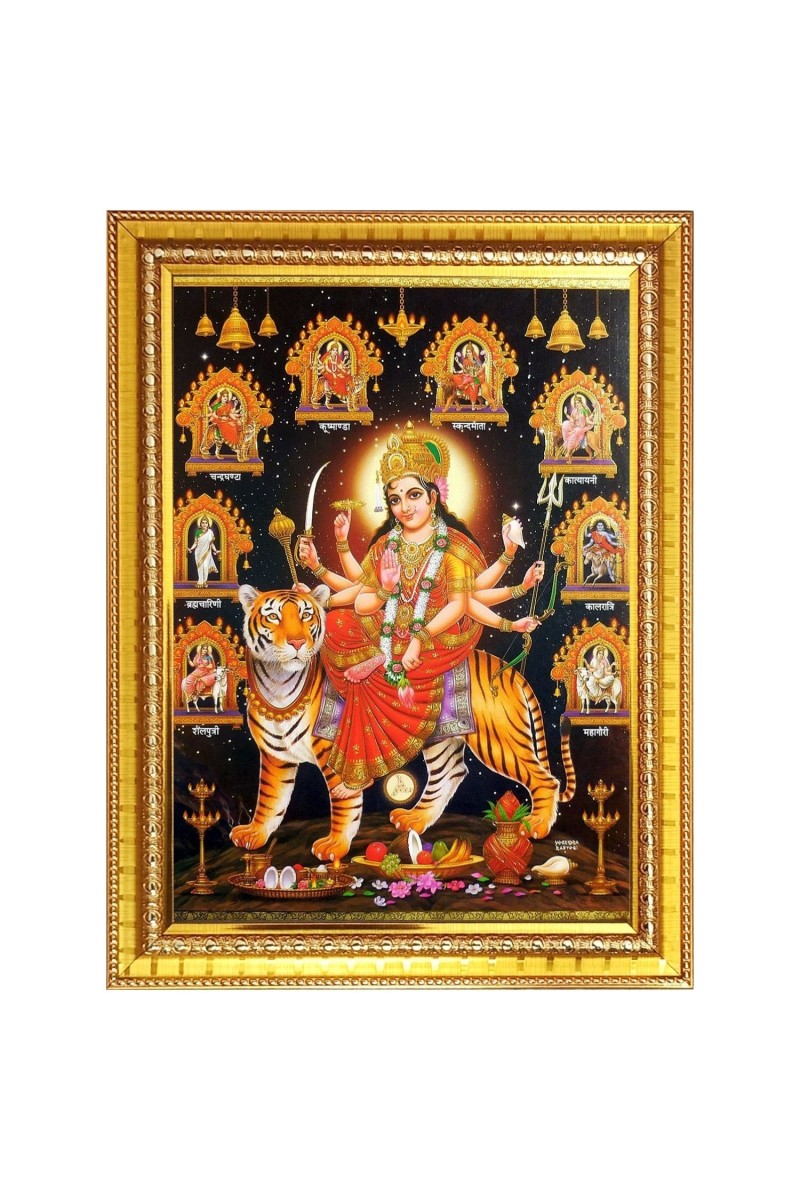 Nav Durga matha Photo Frame  10x14 Inches-Brown Wooden Frame for Home , Office & Temple Decoration and Gifting