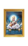 Goddess Maa Saraswati Sitting on Flower Photo Frame  10x14 Inches-Brown Wooden Frame for Home , Office & Temple Decoration and Gifting