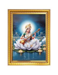 Goddess Maa Saraswati Sitting on Flower Photo Frame  10x14 Inches-Brown Wooden Frame for Home , Office & Temple Decoration and Gifting