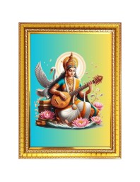 Goddess Saraswati Photo Frame  10x14 Inches-Brown Wooden Frame for Home , Office & Temple Decoration and Gifting