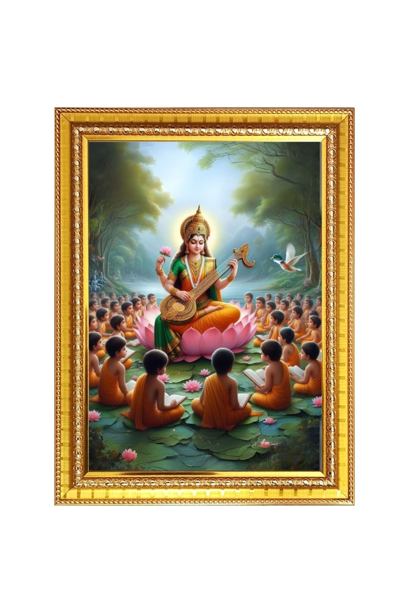 Goddess Maa Saraswati Sitting on Flower Photo Frame  10x14 Inches-Brown Wooden Frame for Home , Office & Temple Decoration and Gifting