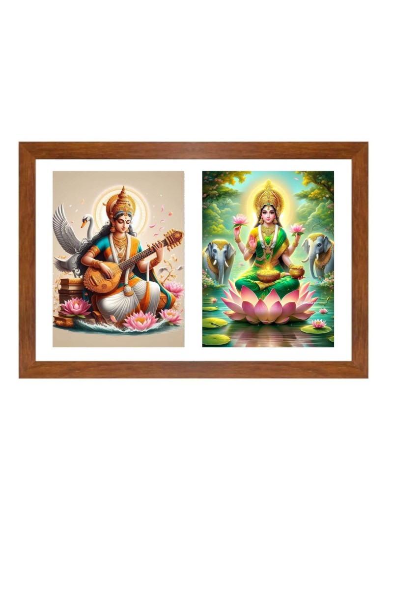 Goddess saraswati and lakshmi Photo Frame - 11x15Inches - Spiritual Artwork for Home Wall Decoration, Puja Room and Office Decoration and Gifting 