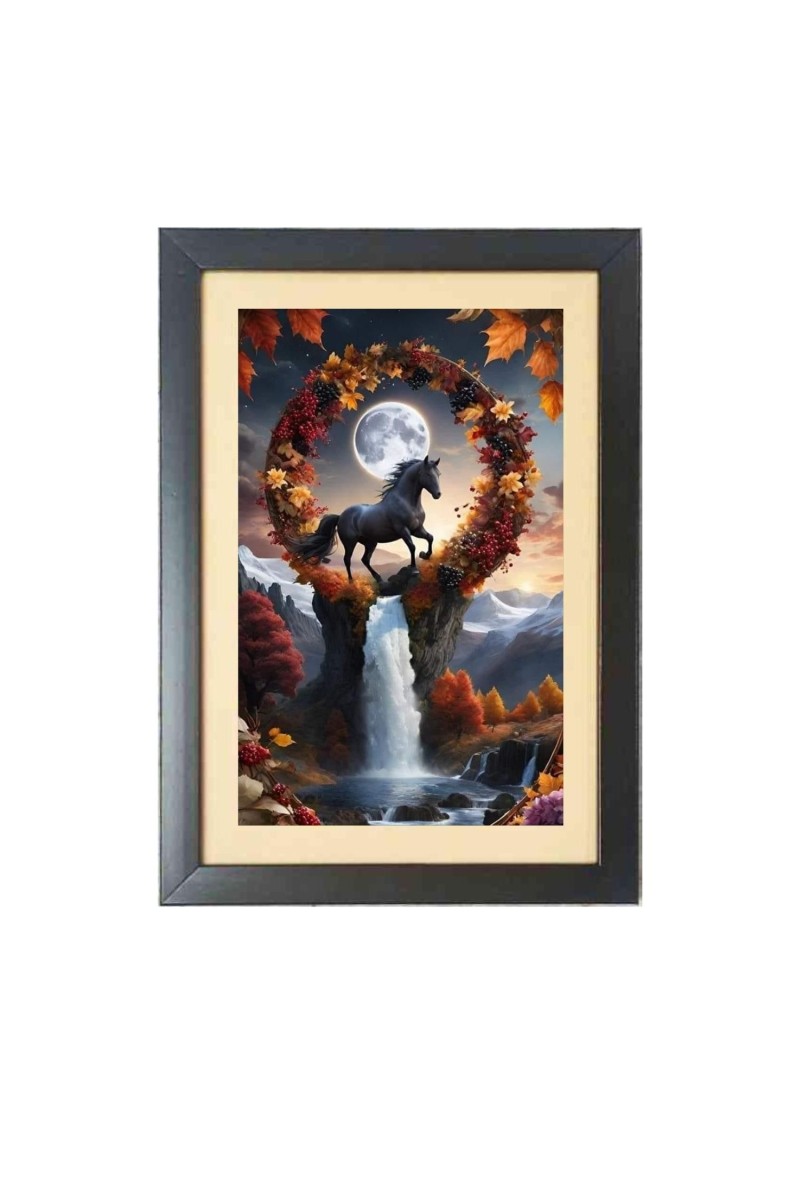 The horse stood under the glowing moon  Photo Frame Funny Animal and Bird Cartoon Art, Black color, 11x15 Inch