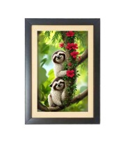 The cute sloths are holding tree  Photo Frame Funny Animal and Bird Cartoon Art, Black color, 11x15 Inch