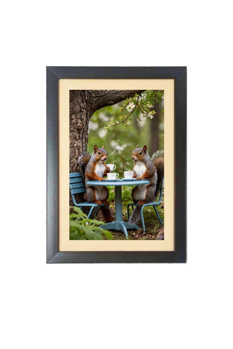 Tea time with the cutest little squirrels  Photo Frame Funny Animal and Bird Cartoon Art, Black color, 11x15 Inch