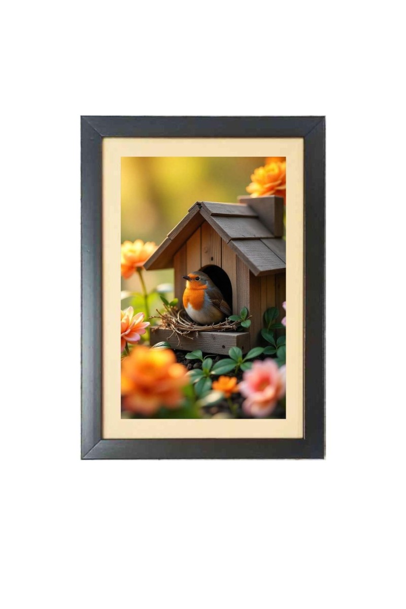 The cute bird in nest house  Photo Frame Funny Animal and Bird Cartoon Art, Black color, 11x15 Inch