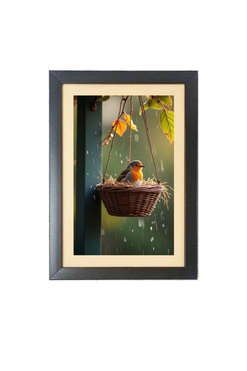 The cute bird in the round basket  Photo Frame Funny Animal and Bird Cartoon Art, Black color, 11x15 Inch