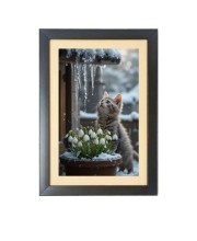 The cat is watching snow  Photo Frame Funny Animal and Bird Cartoon Art, Black color, 11x15 Inch