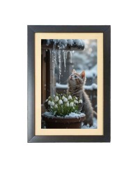 The cat is watching snow  Photo Frame Funny Animal and Bird Cartoon Art, Black color, 11x15 Inch