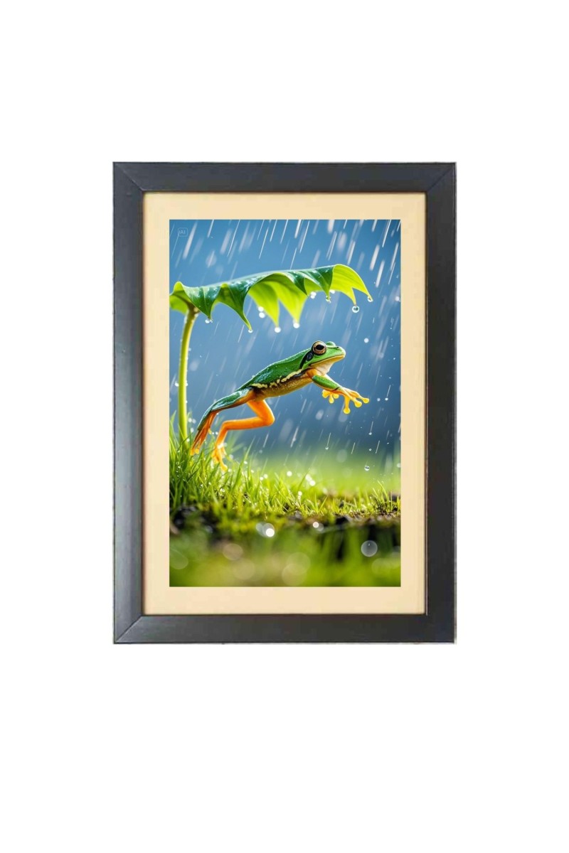The funny frog is jumping   Photo Frame Funny Animal and Bird Cartoon Art, Black color, 11x15 Inch