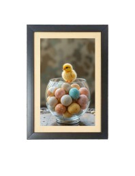 The cute baby chick is sitting under a bowl of eggs  Photo Frame Funny Animal and Bird Cartoon Art, Black color, 11x15 Inch