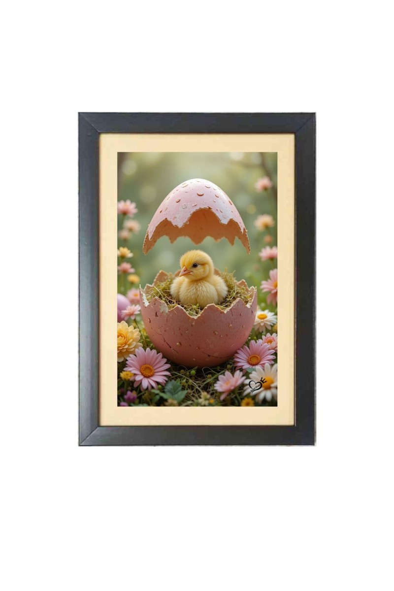 The cute chick is coming out of egg  Photo Frame Funny Animal and Bird Cartoon Art, Black color, 11x15 Inch