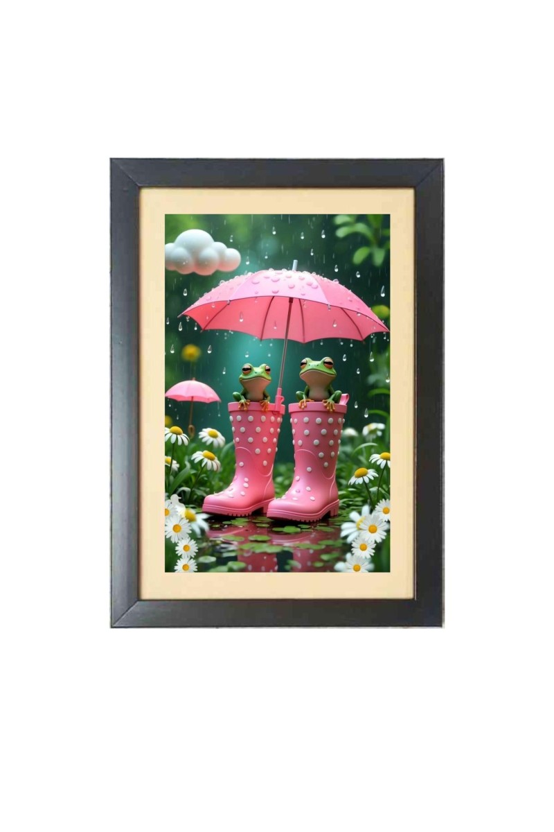 The two funny frogs under umbrella  Photo Frame Funny Animal and Bird Cartoon Art, Black color, 11x15 Inch