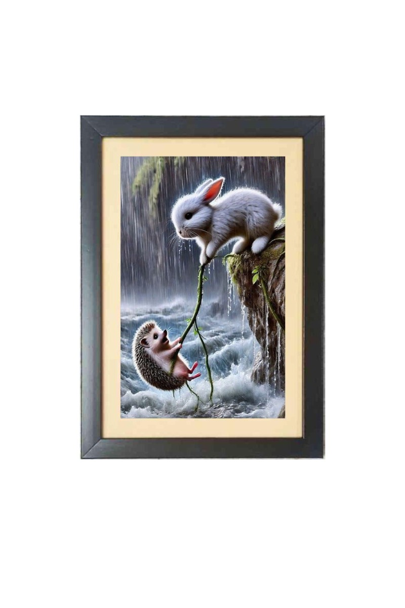 A brave Rabbit saves baby Fox from water  Photo Frame Funny Animal and Bird Cartoon Art, Black color, 11x15 Inch