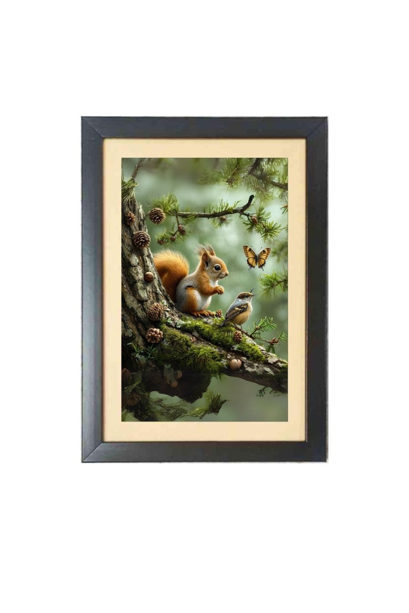 The squirrel and the bird and the butterfly  Photo Frame Funny Animal and Bird Cartoon Art, Black color, 11x15 Inch