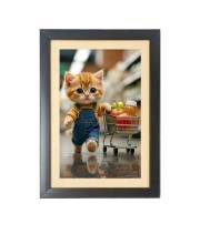 The cute cat is buying vegetables  Photo Frame Funny Animal and Bird Cartoon Art, Black color, 11x15 Inch