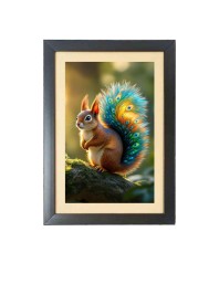 The squirrel with a peacock-feathered tail  Photo Frame Funny Animal and Bird Cartoon Art, Black color, 11x15 Inch