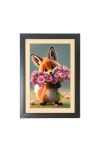 Sweet Fox Holding A Lovely Flowers  Photo Frame Funny Animal and Bird Cartoon Art, Black color, 11x15 Inch
