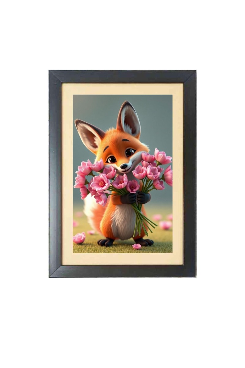 Sweet Fox Holding A Lovely Flowers  Photo Frame Funny Animal and Bird Cartoon Art, Black color, 11x15 Inch