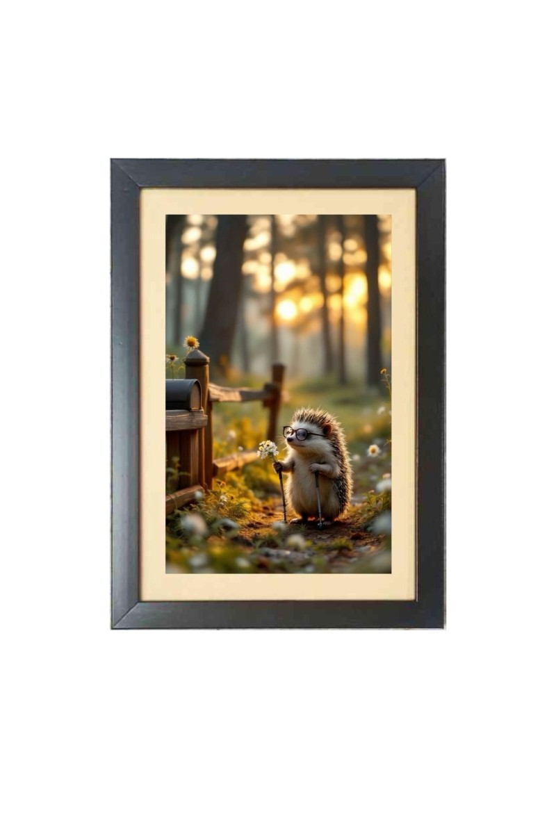 Adorable Hedgehog Holding a flower  Photo Frame Funny Animal and Bird Cartoon Art, Black color, 11x15 Inch