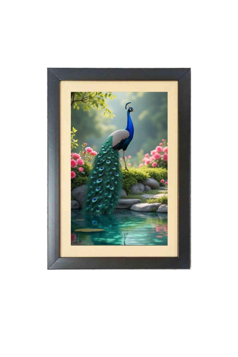 The beautiful peacock  Photo Frame Funny Animal and Bird Cartoon Art, Black color, 11x15 Inch