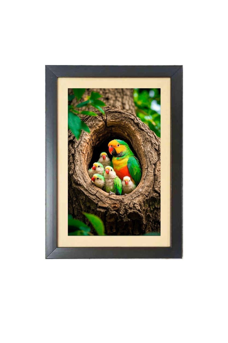 The beautiful parrots with babies  Photo Frame Funny Animal and Bird Cartoon Art, Black color, 11x15 Inch