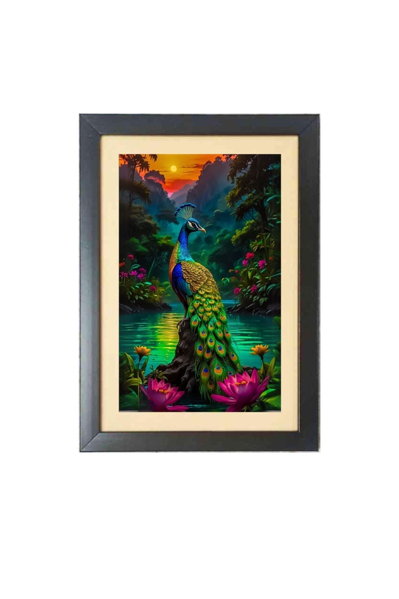 The colorful peacock  Photo Frame Funny Animal and Bird Cartoon Art, Black color, 11x15 Inch
