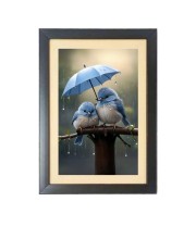 Love birds under umbrella  Photo Frame Funny Animal and Bird Cartoon Art, Black color, 11x15 Inch