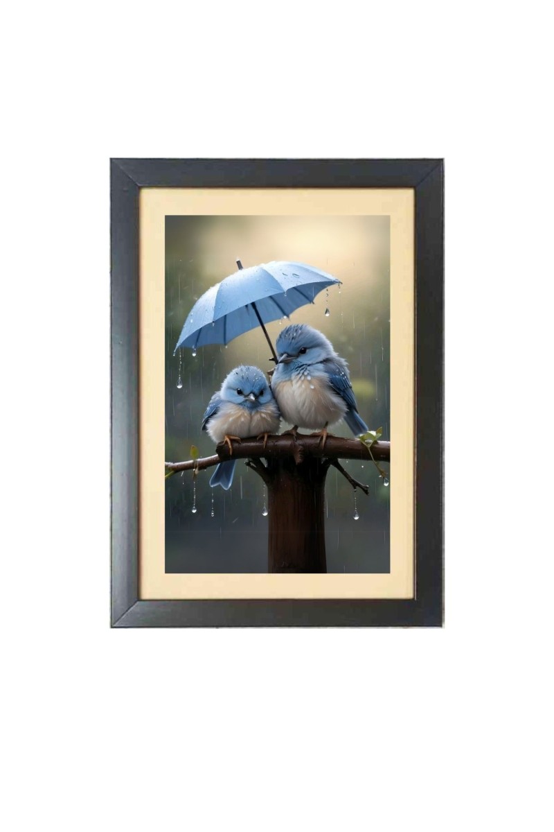 Love birds under umbrella  Photo Frame Funny Animal and Bird Cartoon Art, Black color, 11x15 Inch