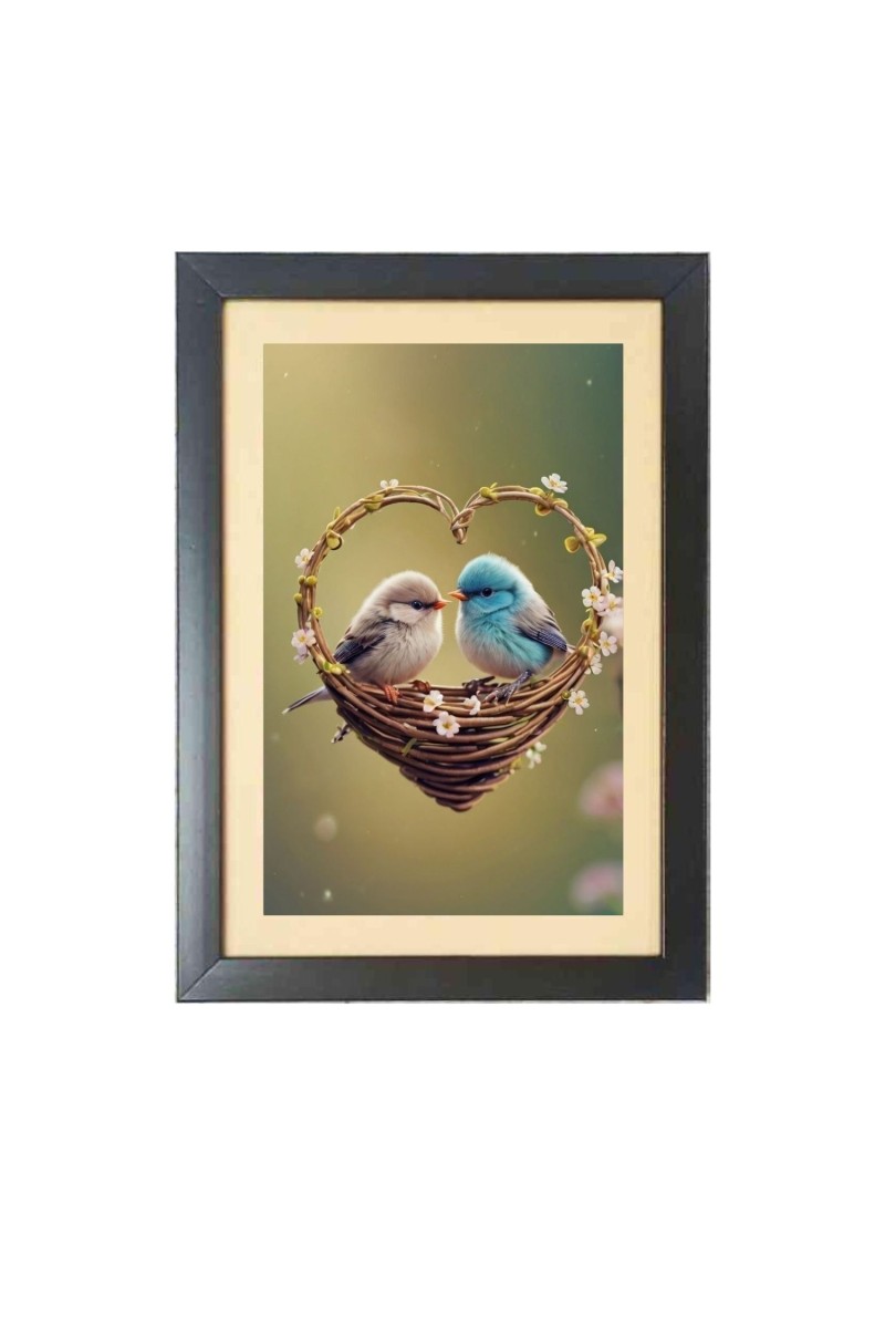 Love birds in a heart shaped nest  Photo Frame Funny Animal and Bird Cartoon Art, Black color, 11x15 Inch
