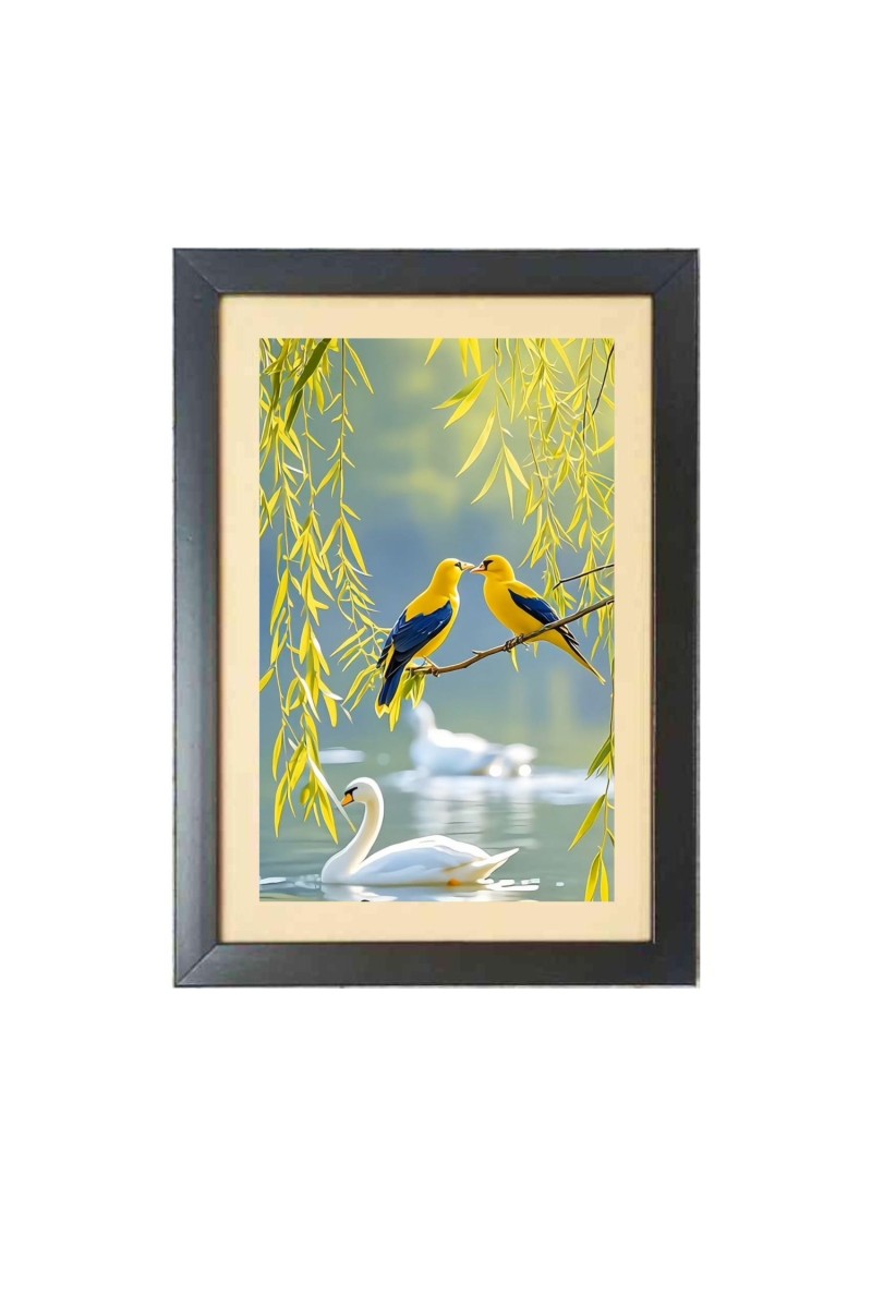 Love birds with swan  Photo Frame Funny Animal and Bird Cartoon Art, Black color, 11x15 Inch