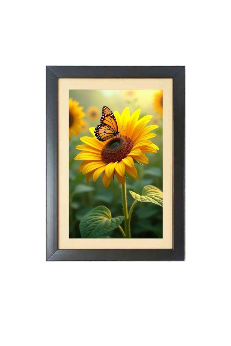 The beautiful butterfly near sunflower  Photo Frame Funny Animal and Bird Cartoon Art, Black color, 11x15 Inch