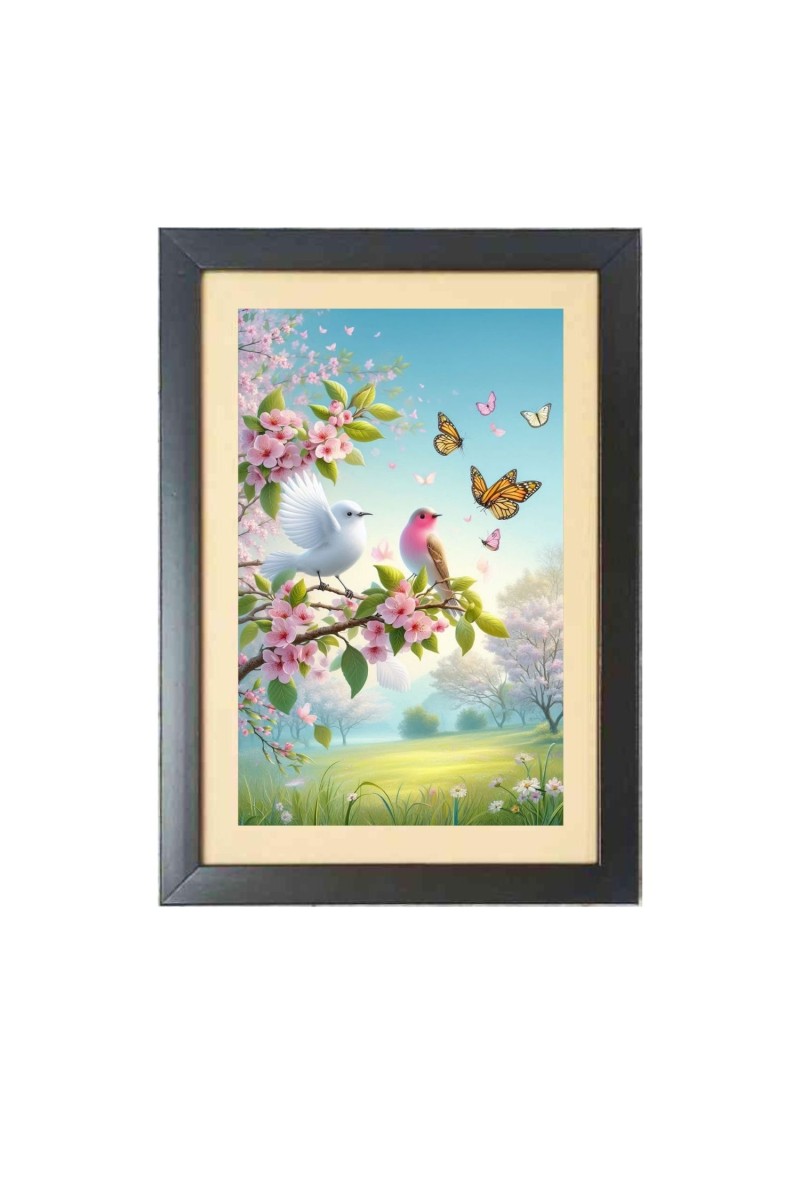 The colorful birds sit on the branch  Photo Frame Funny Animal and Bird Cartoon Art, Black color, 11x15 Inch