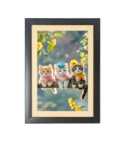 Three lovely cats are sitting on the branch  Photo Frame Funny Animal and Bird Cartoon Art, Black color, 11x15 Inch