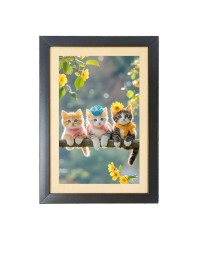 Three lovely cats are sitting on the branch  Photo Frame Funny Animal and Bird Cartoon Art, Black color, 11x15 Inch