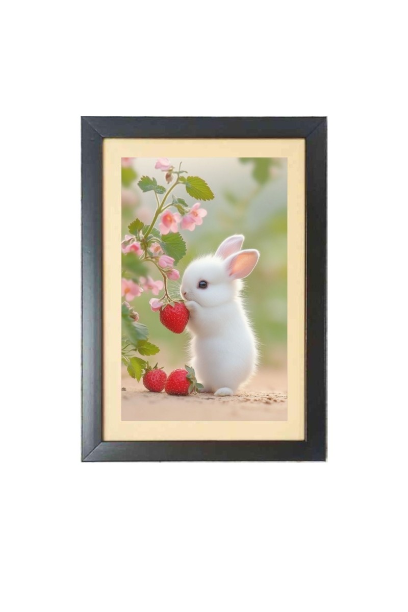 The cute rabbit is eating strawberry  Photo Frame Funny Animal and Bird Cartoon Art, Black color, 11x15 Inch