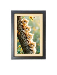Four cute cats are holding tree  Photo Frame Funny Animal and Bird Cartoon Art, Black color, 11x15 Inch
