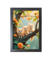 The three cute cats are sitting on the branch  Photo Frame Funny Animal and Bird Cartoon Art, Black color, 11x15 Inch