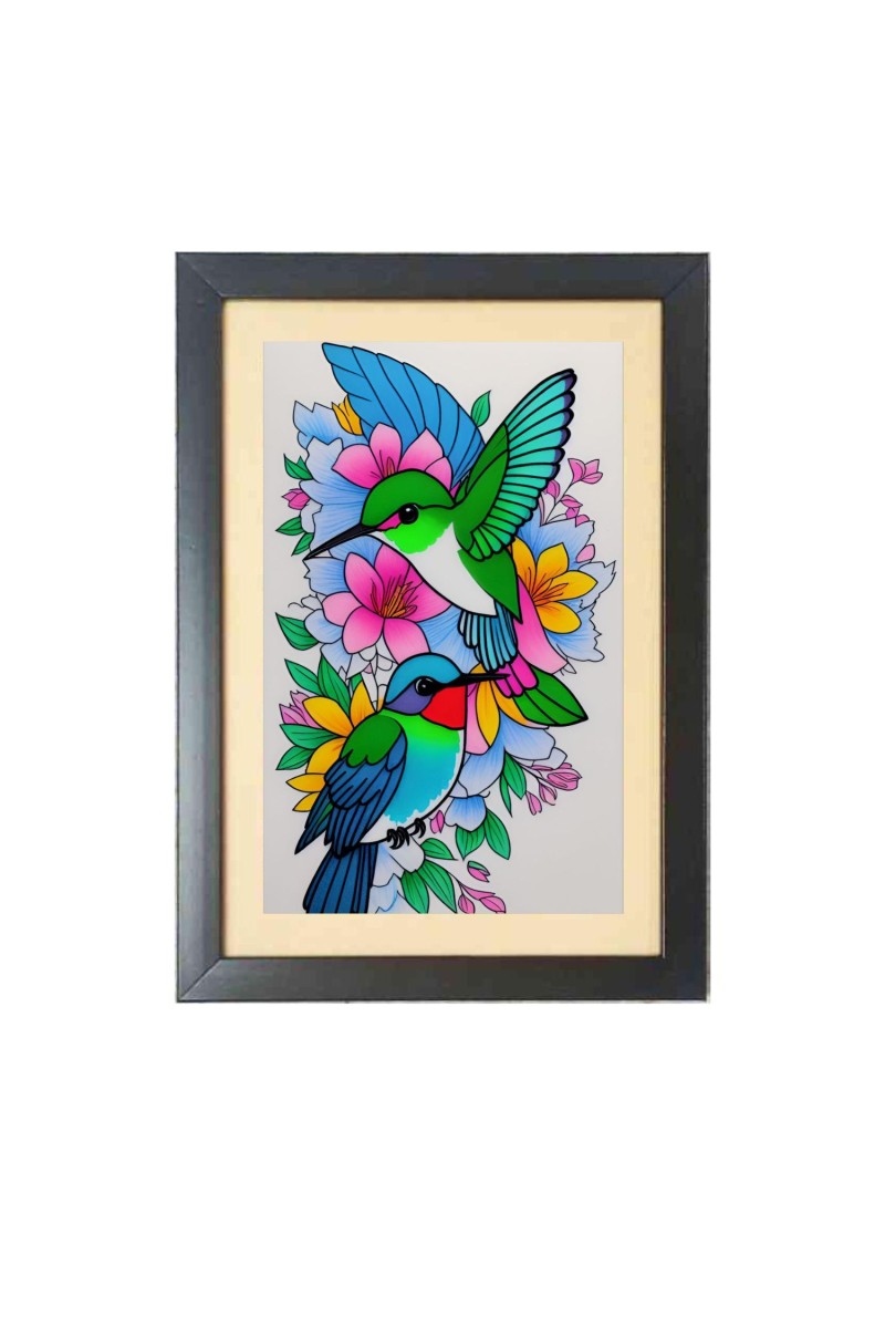 Humming birds painting  Photo Frame Funny Animal and Bird Cartoon Art, Black color, 11x15 Inch