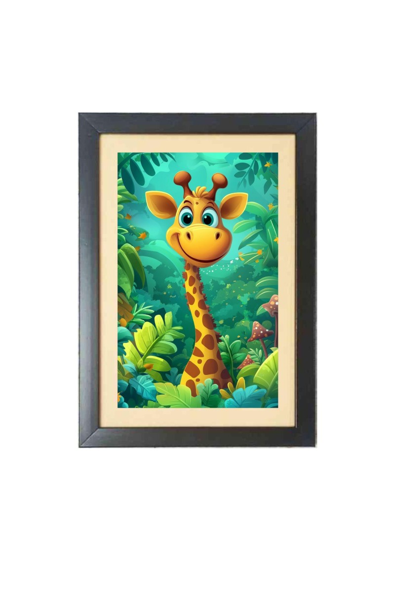 Cartoon Giraffe Animal  Photo Frame Funny Animal and Bird Cartoon Art, Black color, 11x15 Inch