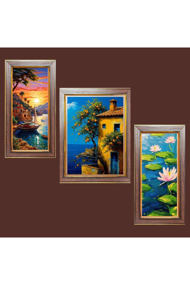 3-Pack Sunset's Golden Embrace painting Photo Frames - 2 Pieces 6x13 Inch & 1 Piece 10x13 Inch - Rustic Wall Art for Home & Office Decor - Botanical Wall Hanging for 