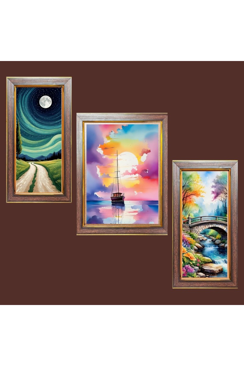 3-Pack Moonlight Over Mountains painting Photo Frames - 2 Pieces 6x13 Inch & 1 Piece 10x13 Inch - Rustic Wall Art for Home & Office Decor - Botanical Wall Hanging for Living Room, Bedro