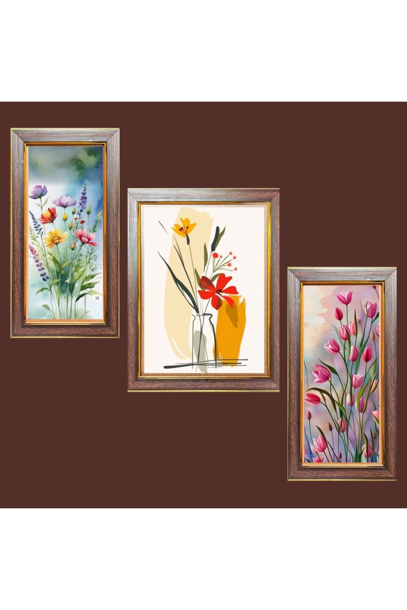3-Pack floral flower paintings Photo Frames - 2 Pieces 6x13 Inch & 1 Piece 10x13 Inch - Rustic Wall Art for Home & Office Decor - Botanical Wall Hanging for Living Room, Bedroom, or Wor
