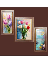 3-Pack Multi colour tulip flowers painting Photo Frames - 2 Pieces 6x13 Inch & 1 Piece 10x13 Inch - Rustic Wall Art for Home & Office Decor - Botanical Wall Hanging for Living Room, Bed