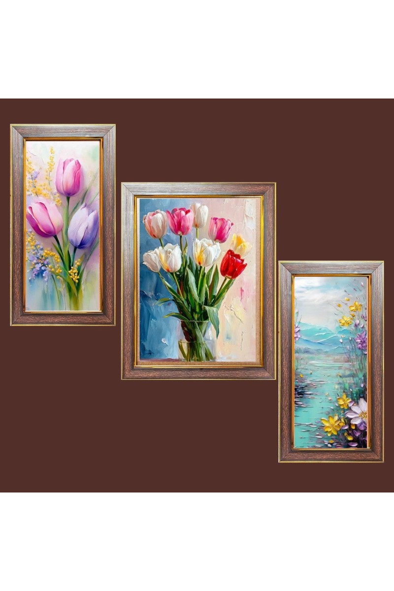 3-Pack Multi colour tulip flowers painting Photo Frames - 2 Pieces 6x13 Inch & 1 Piece 10x13 Inch - Rustic Wall Art for Home & Office Decor - Botanical Wall Hanging for Living Room, Bed