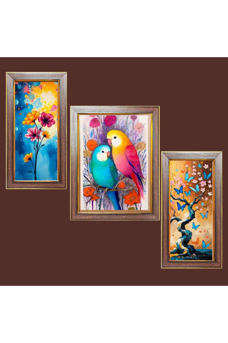 3-Pack Birds and flowers and butterflies painting Photo Frames - 2 Pieces 6x13 Inch & 1 Piece 10x13 Inch - Rustic Wall Art for Home & Office Decor - Botanical Wall Hanging for Living Ro