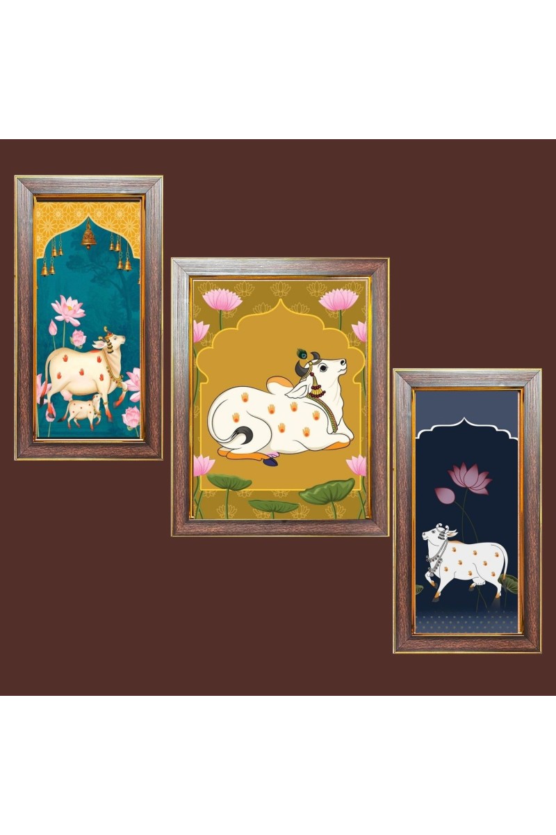 3-Pack Gomatha cow painting Photo Frames - 2 Pieces 6x13 Inch & 1 Piece 10x13 Inch - Rustic Wall Art for Home & Office Decor - Botanical Wall Hanging for Living Room, Bedroom, or Worksp
